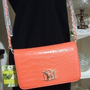 Badgley Mischka Signature Embossed Croc Style Crossbody w Weaved Chain Strap NWT